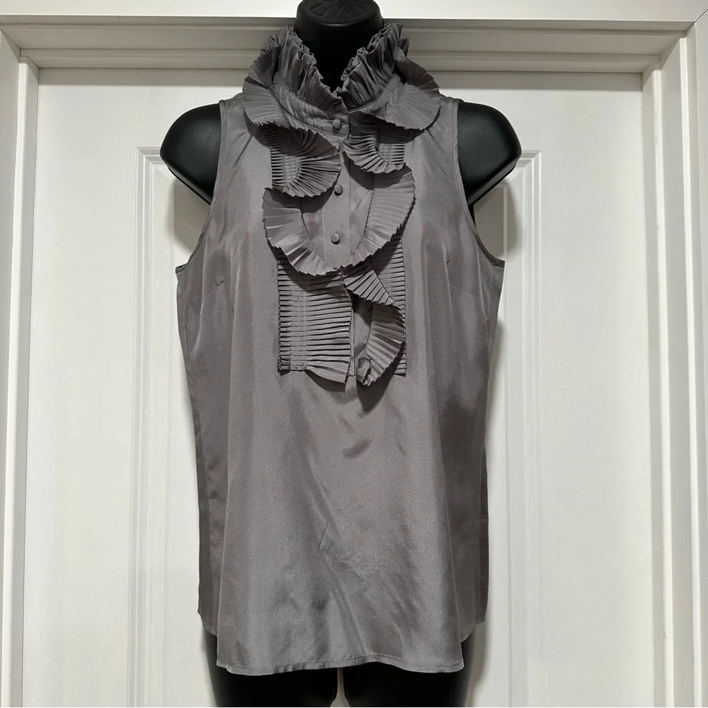 J.Crew Factory Silk Sleeveless Ruffle-Trim Gray Size 2 *See Measurements*
